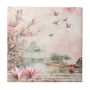 Pink Cherry Blossom Serenity Landscape (2) Ceramic Tile