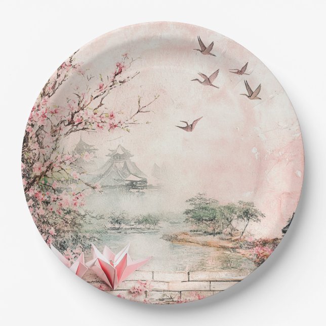 Pink Cherry Blossom Serenity Landscape  (2) Paper Plate (Front)