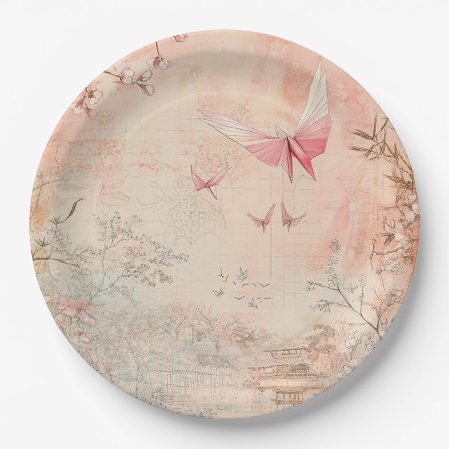 Pink Cherry Blossom Serenity Landscape  (3) Paper Plate (Front)