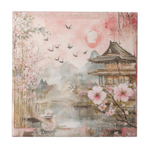 Pink Cherry Blossom Serenity Landscape (4) Ceramic Tile
