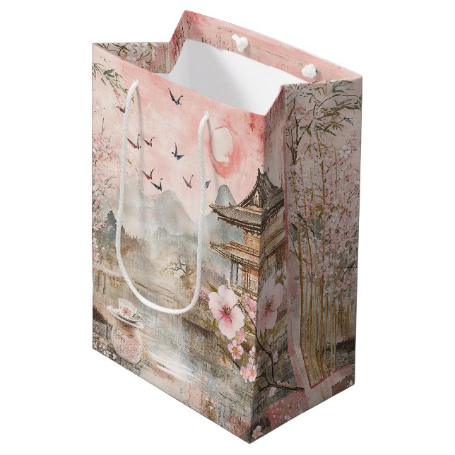 Pink Cherry Blossom Serenity Landscape  (4) Medium Gift Bag (Front Angled)