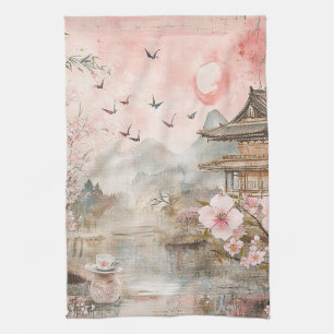Pink Cherry Blossom Serenity Landscape (4) Tea Towel