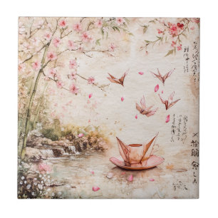 Pink Cherry Blossom Serenity Landscape (5) Ceramic Tile