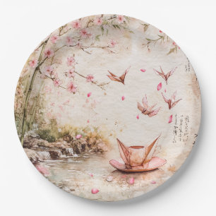 Pink Cherry Blossom Serenity Landscape (5) Paper Plate
