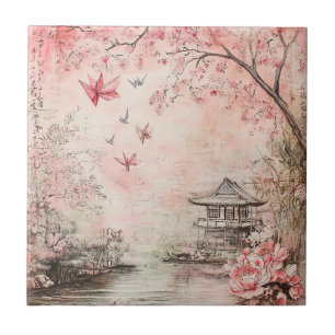 Pink Cherry Blossom Serenity Landscape (6) Ceramic Tile