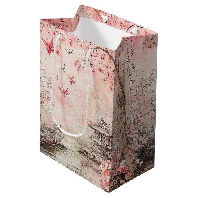 Pink Cherry Blossom Serenity Landscape  (6) Medium Gift Bag (Front Angled)