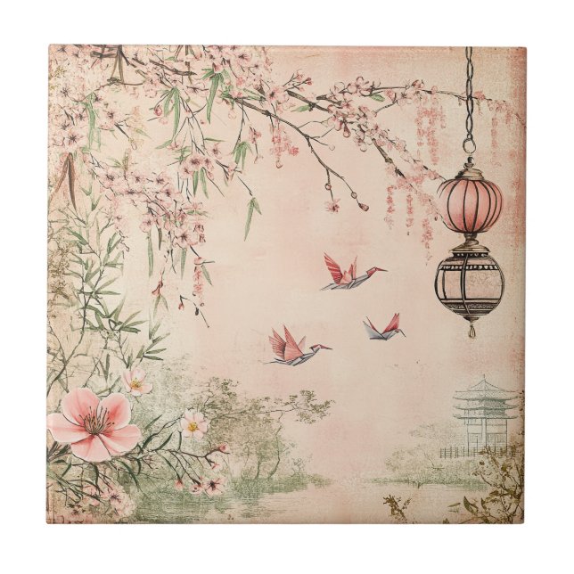 Pink Cherry Blossom Serenity Landscape  (7) Ceramic Tile (Front)
