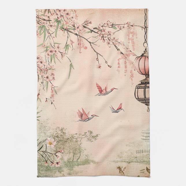 Pink Cherry Blossom Serenity Landscape  (7) Tea Towel (Vertical)