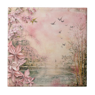 Pink Cherry Blossom Serenity Landscape (8) Ceramic Tile