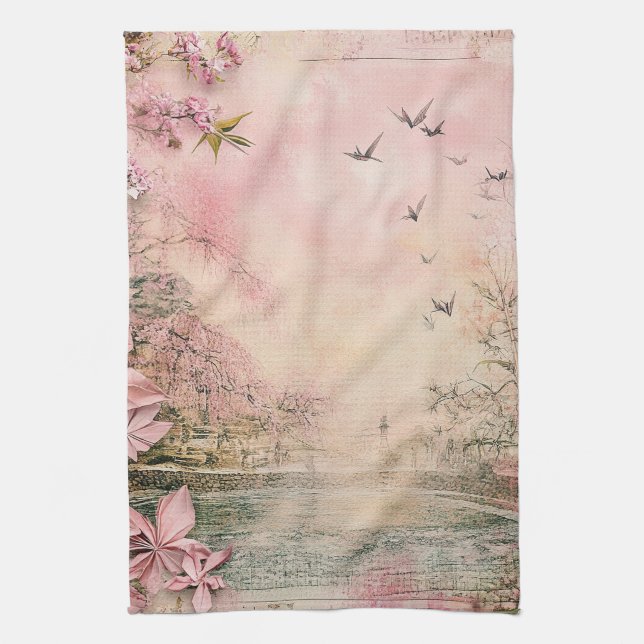 Pink Cherry Blossom Serenity Landscape  (8) Tea Towel (Vertical)