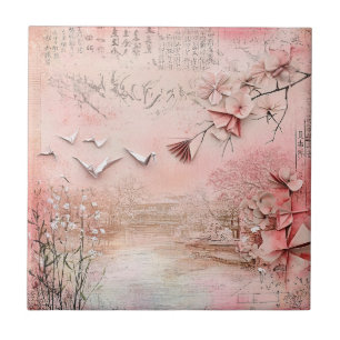 Pink Cherry Blossom Serenity Landscape (9) Ceramic Tile