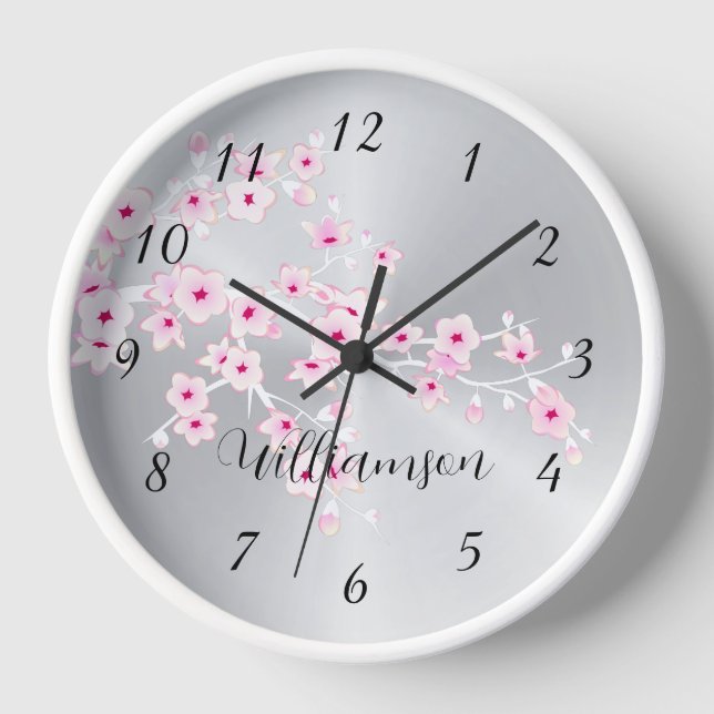 Pink Cherry Blossom Silver Foil Monogram Clock (Front)