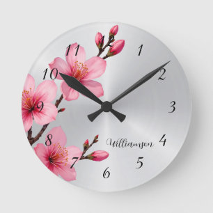 Pink Cherry Blossom Silver Foil Monogram Round Clock