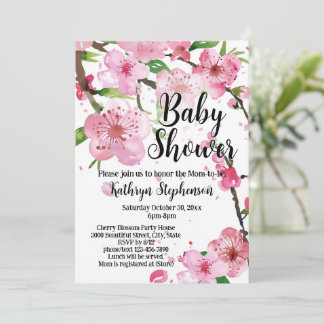 Pink Cherry Blossom Spring Floral Girl Baby Shower Invitation