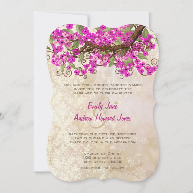 Pink Cherry Blossom Tea Stain Wedding Invites (Front)