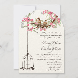 Pink Cherry Blossom Vintage Birds Birdcage Wedding Invitation
