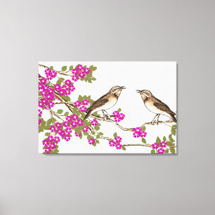 Pink Cherry Blossom Vintage Love Birds Canvas Print