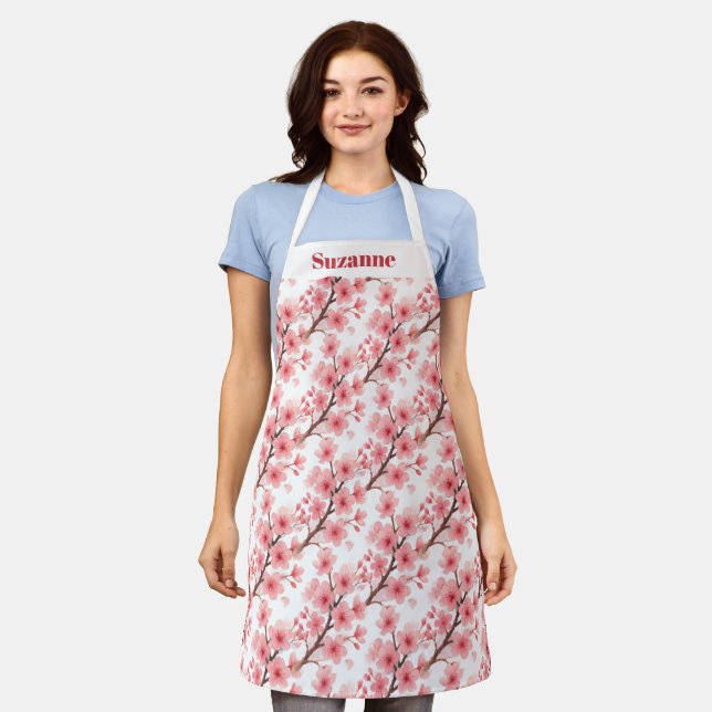 Pink Cherry Blossom Watercolor Pattern Elegant Apron (Worn)