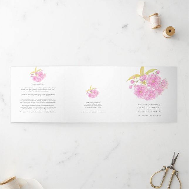 Pink Cherry blossom watercolor Tri-Fold Program (Outside)