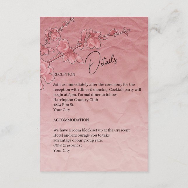 Pink Cherry Blossom Wedding Enclosure Details Card (Front)