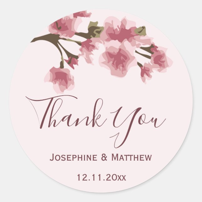 Pink Cherry Blossom Wedding Thank You Classic Round Sticker (Front)