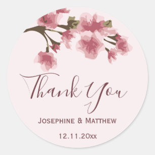 Pink Cherry Blossom Wedding Thank You Classic Round Sticker