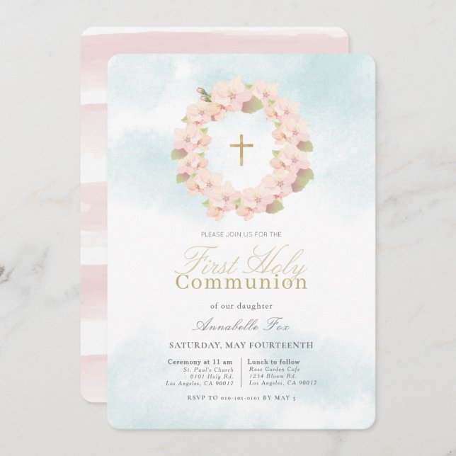 Pink Cherry Blossom Wreath First Holy Communion Invitation (Front/Back)