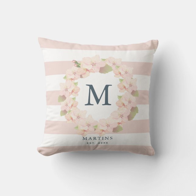 Pink Cherry Blossom Wreath Stripe Monogram Cushion (Front)
