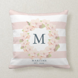 Pink Cherry Blossom Wreath Stripe Monogram Cushion
