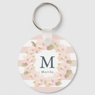Pink Cherry Blossom Wreath Stripe Monogram Key Ring