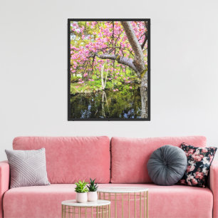 Pink Cherry Blossoms Alongside Pond Canvas Print