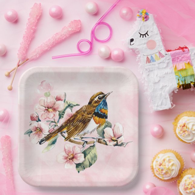  Pink Cherry Blossoms and Bird  Paper P Plate (Party)