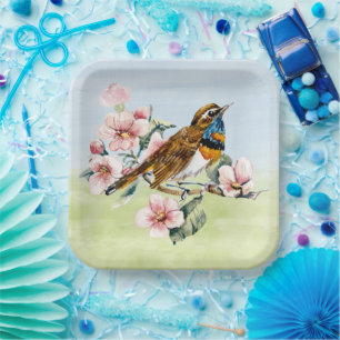 Pink Cherry Blossoms and Bird Paper Plate