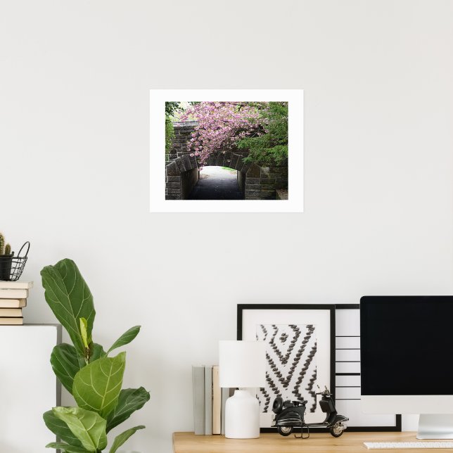 Pink Cherry Blossoms and Stone Bridge Floral Poster (Home Office)