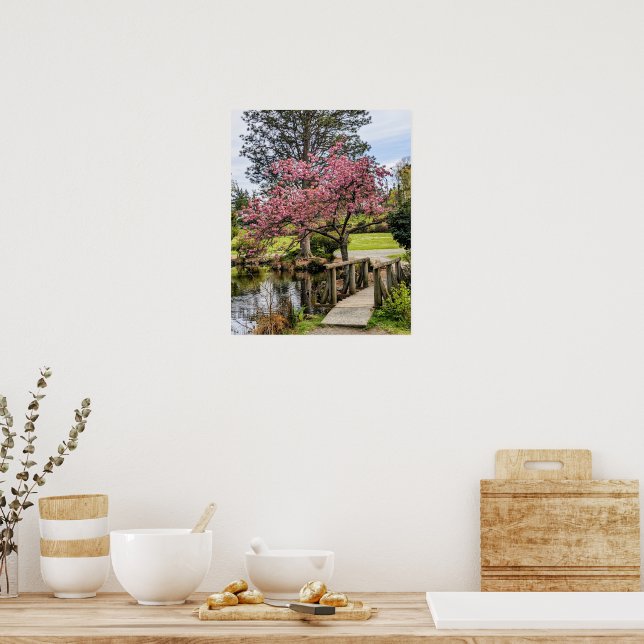 Pink Cherry Blossoms and Wooden Footbridge Poster (Kitchen)