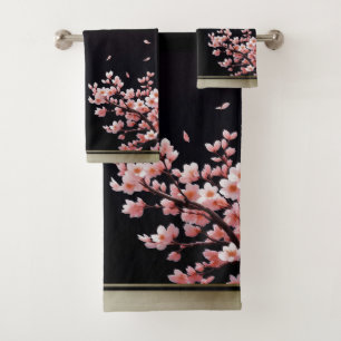 Pink Cherry Blossoms -Black/Gold- Bath Towel Set