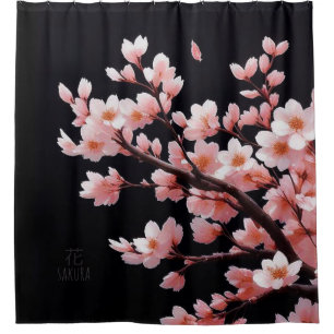 Pink Cherry Blossoms Black Shower Curtain
