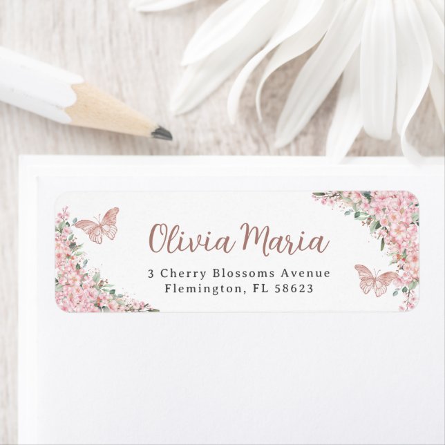 Pink Cherry Blossoms Butterflies Return Address Label (Insitu)