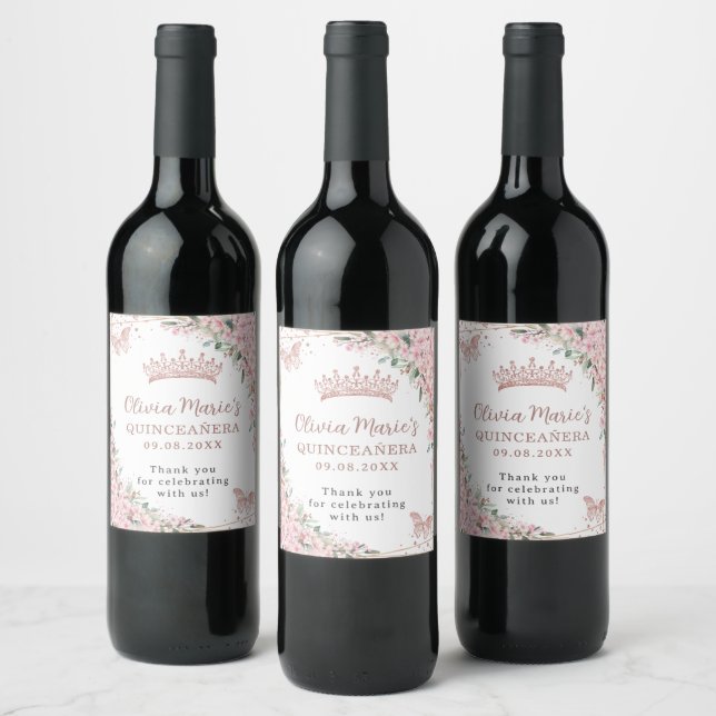 Pink Cherry Blossoms Butterflies Rose Gold Wine Label (Bottles)