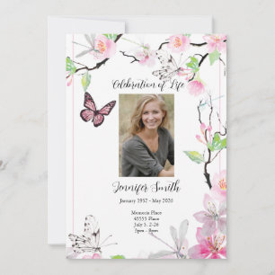 Pink Cherry Blossoms & Butterfly Funeral Invite