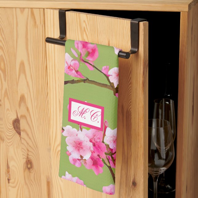 Pink Cherry Blossoms Chartreuse Green Monogrammed Tea Towel (Thirds Fold)
