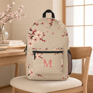 Pink Cherry Blossoms Coral Monogram Name Backpack