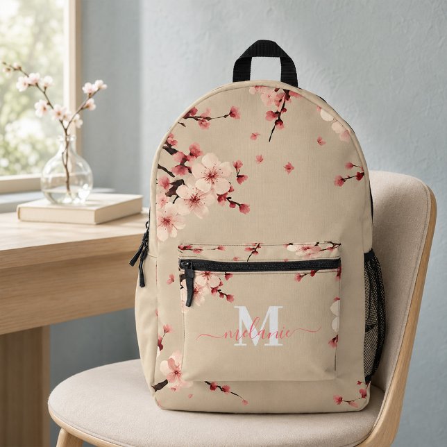 Pink Cherry Blossoms Custom Name Monogram Backpack (Pink Cherry Blossom Custom Monogram Name Printed Backpack)
