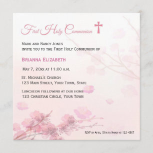 Pink Cherry Blossoms First Communion Invitation