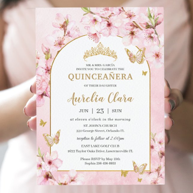 Pink Cherry Blossoms Floral Quinceañera Sweet 16 Invitation (Creator Uploaded)