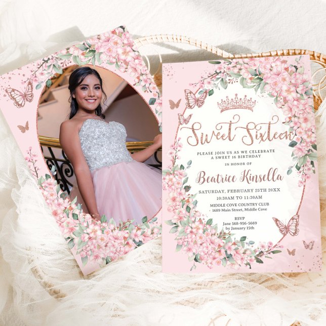 Pink Cherry Blossoms Floral Sweet Sixteen 16 Photo Invitation (Creator Uploaded)