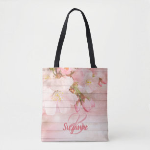 Pink cherry blossoms florals monogram tote bag