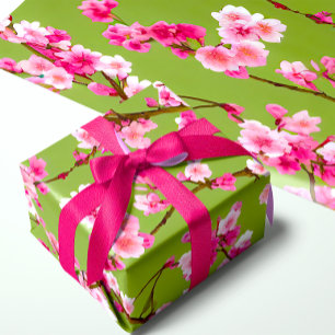 Pink Cherry Blossoms Florals on Chartreuse Green Wrapping Paper