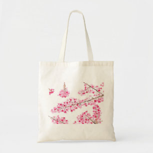Pink cherry blossoms flowers tree watercolor tote bag