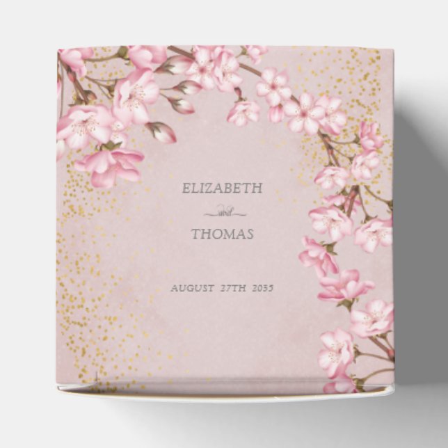 Pink Cherry Blossoms Gold Glitter Wedding Favour B Favour Box (Top)